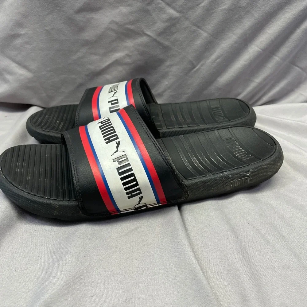 Puma Cool Cat Mens Slides Black‎ Red White Blue Logo Sandals US 11
